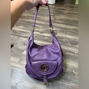 Michael Kors Purple Leather Hobo Bag MK Logo Gold Hardware Shoulder